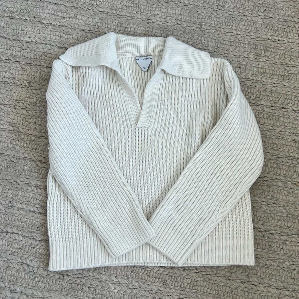 Bottega Veneta Cashmere Blend Cream Ribbed Knit Sailor Polo V Neck Sweater - Picture 2 of 5